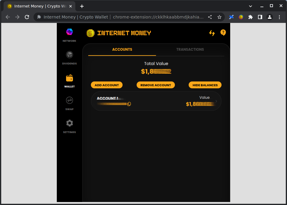 Internet Money Wallet main account window in browser